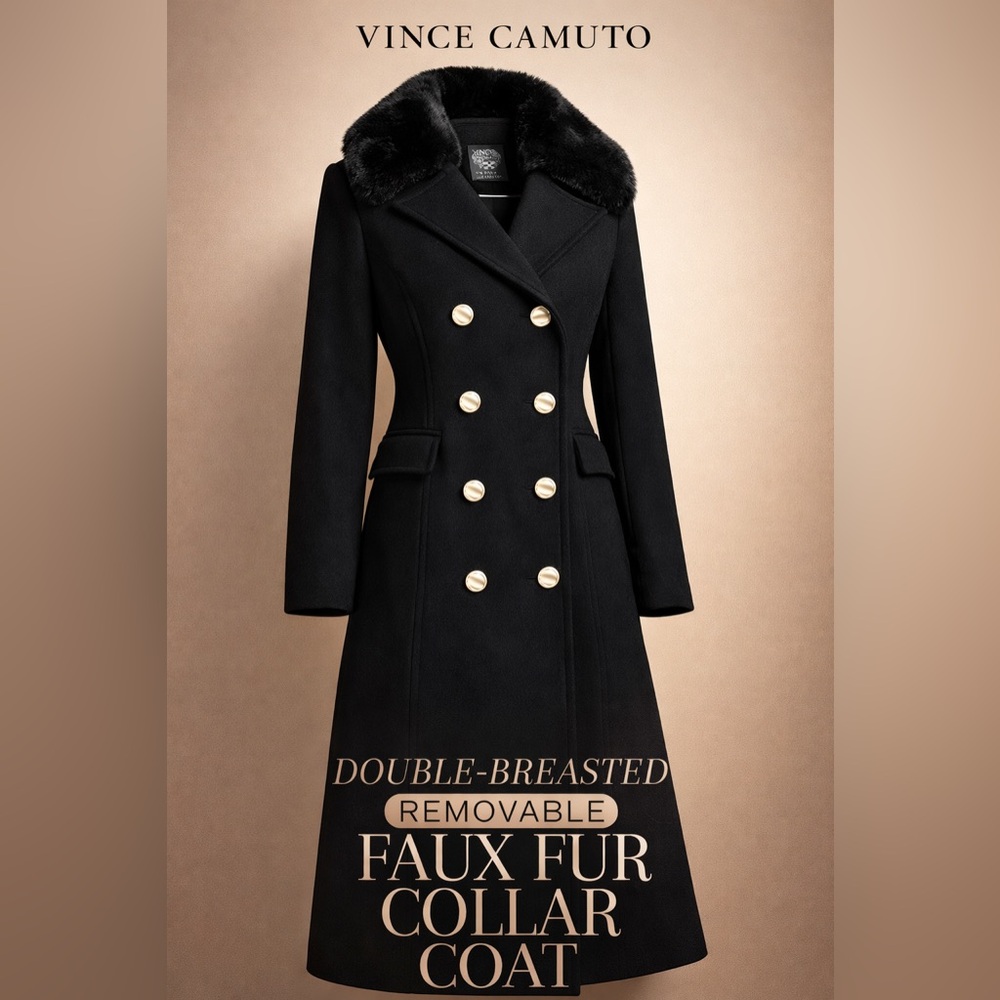 Vince Camuto Wool Coat Size L Black Faux Fur Collar Double‎ Breasted Gold Button